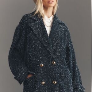 Anthropologie Maeve Punched Denim Double-Breasted Textured Navy Coat Jacket